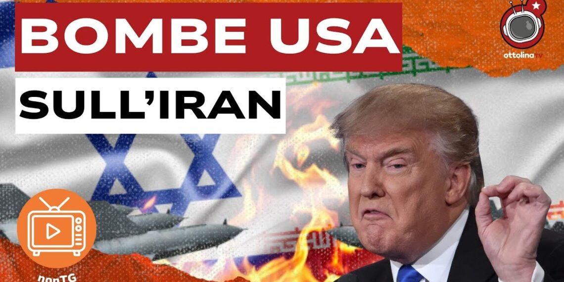 Bandiere di Israele e Iran in fiamme. Donald Trump minaccioso in primo piano