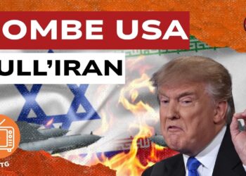 Bandiere di Israele e Iran in fiamme. Donald Trump minaccioso in primo piano