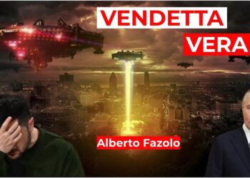 Città cupa del futuro. Volodymyr Zelensky e Vladimir Putin in primo piano