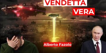 Città cupa del futuro. Volodymyr Zelensky e Vladimir Putin in primo piano