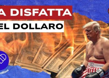 Dollari che bruciano. Donald Trump vestito da pugile con aria sconfitta in primo piano