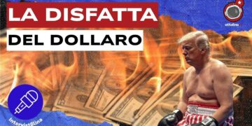 Dollari che bruciano. Donald Trump vestito da pugile con aria sconfitta in primo piano