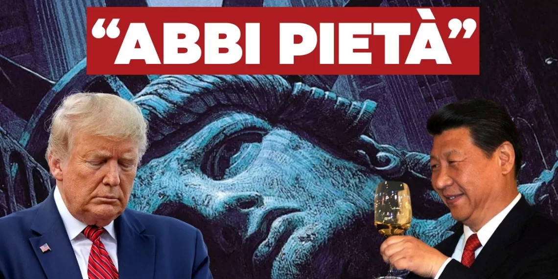 Donald Trump, Xi Jinping con un calice in mano. La statua della libertà sullo sfondo