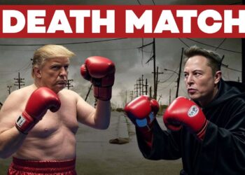 Donald Trump e Elon Musk con i guantoni da boxe. Città americana decadente sullo sfondo