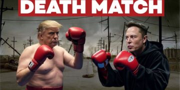 Donald Trump e Elon Musk con i guantoni da boxe. Città americana decadente sullo sfondo