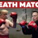 Donald Trump e Elon Musk con i guantoni da boxe. Città americana decadente sullo sfondo
