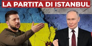 Muro con dipinte le bandiere di Russia e Ucraina. Volodymyr Zelensky e Vladimir Putin in primo piano