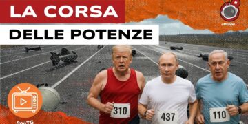 Pista di decollo militare. Donald Trump, Vladimir Putin e Benjamin Netanhyau in abiti da competizione in primo piano