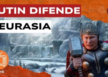 Vladimir Putin vestito da condottiero in un paesaggio glaciale