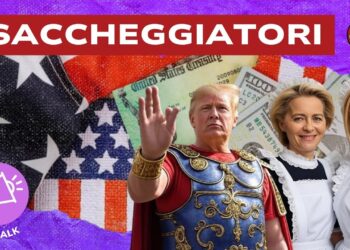 Alcuni simboli degli USA. Donald Trump vestito da centurione romano, Ursula von der Leyen e Giorgia Meloni vestite da cameriere in primo piano
