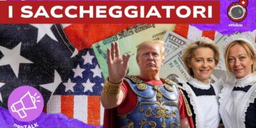 Alcuni simboli degli USA. Donald Trump vestito da centurione romano, Ursula von der Leyen e Giorgia Meloni vestite da cameriere in primo piano
