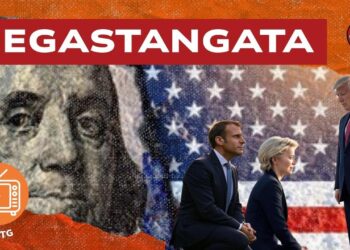 Bandiera e dollaro USA. Emmanuel Macron e Ursula von der Leyen in ginocchio da Donald Trump in primo piano