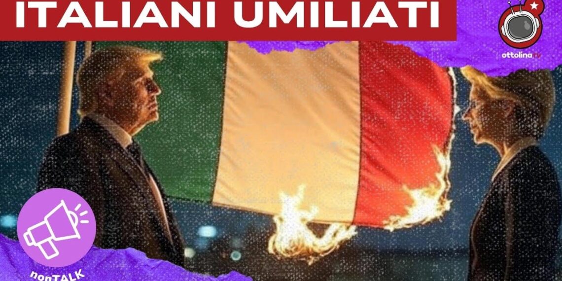 Bandiera italiana in fiamme. Donald Trump guarda Ursula von der Leyen