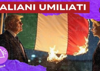 Bandiera italiana in fiamme. Donald Trump guarda Ursula von der Leyen