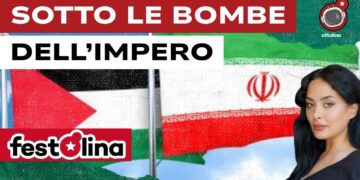 Bandiere di Palestina e Iran. Silvia Pegah Scaglione in primo piano