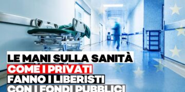 Corsia ospedaliera con bandiera Eu in sovrimpressione