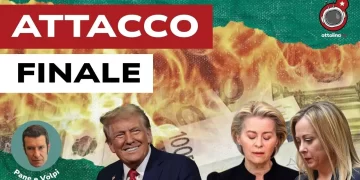 Euro in fiamme. Donald Trump felice e Giorgia Meloni e Ursula von del Leyen tristi in primo piano