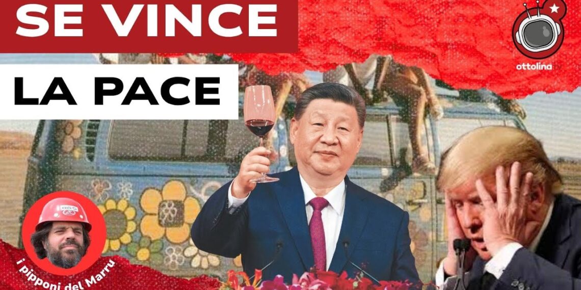Furgoncino anni '70. Xi Jinping nell'atto di brindare e Donald Trump disperato in primo piano