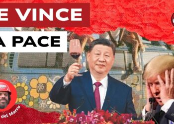 Furgoncino anni '70. Xi Jinping nell'atto di brindare e Donald Trump disperato in primo piano
