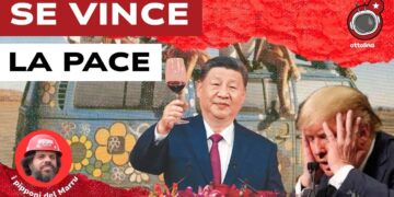 Furgoncino anni '70. Xi Jinping nell'atto di brindare e Donald Trump disperato in primo piano