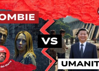 Giuseppe Sala e Giorgia Meloni zombies con Milano sullo sfondo. Xi Jinping sorridente con una diga in costruzione sullo sfondo