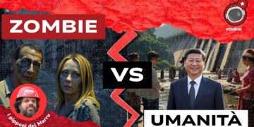 Giuseppe Sala e Giorgia Meloni zombies con Milano sullo sfondo. Xi Jinping sorridente con una diga in costruzione sullo sfondo
