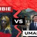 Giuseppe Sala e Giorgia Meloni zombies con Milano sullo sfondo. Xi Jinping sorridente con una diga in costruzione sullo sfondo