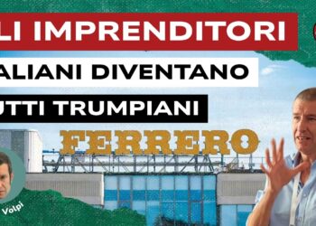 Insegna di una fabbrica della Ferrero. Alessandro Volpi in primo piano