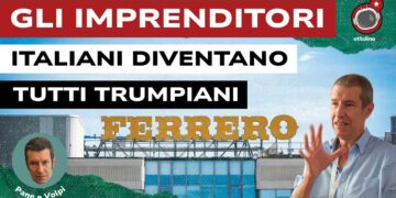 Insegna di una fabbrica della Ferrero. Alessandro Volpi in primo piano