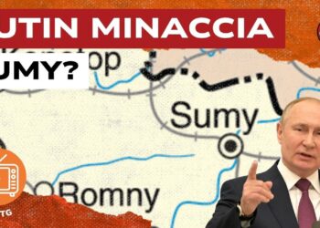 Mappa con Sumy in evidenza. Vladimir Putin in primo piano