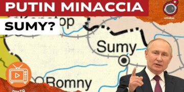 Mappa con Sumy in evidenza. Vladimir Putin in primo piano