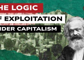 Operai in fabbrica. Karl Marx in primo piano
