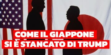 Sagome dei presidenti americano e giapponese. Bandiere di USA e Giappone sullo sfondo