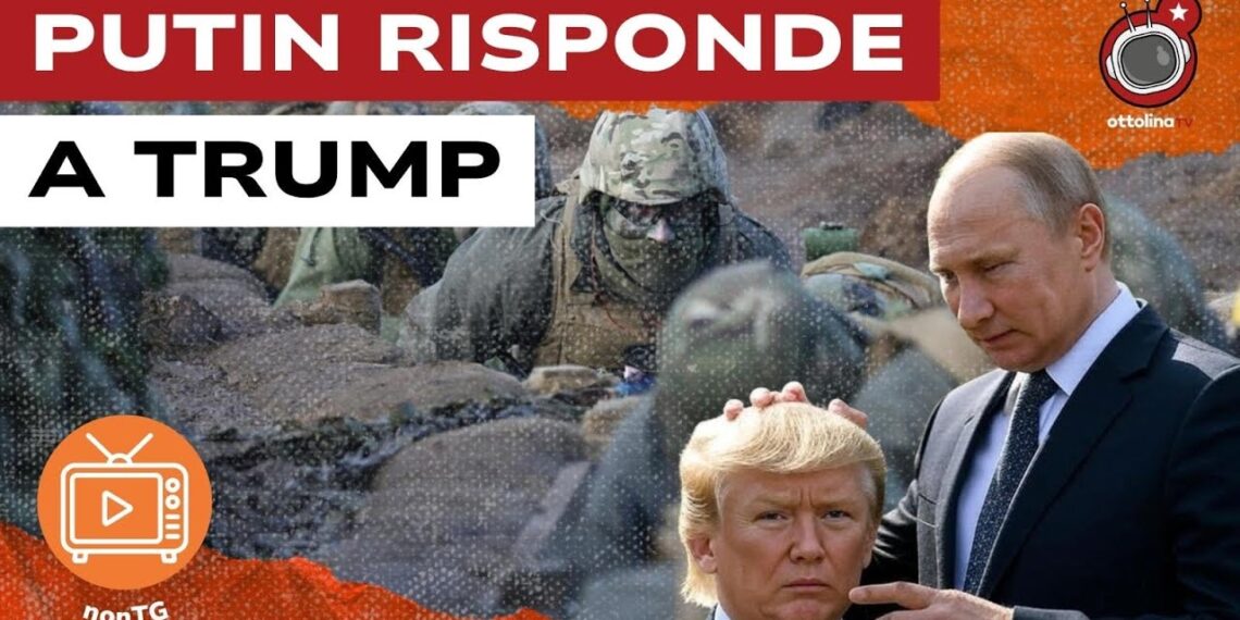 Soldati pancia a terra nel fango. Vladimir Putin tiene la mano sulla testa di Donald Trump inginocchiato