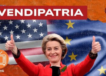 Ursula von der Leyen trionfante con alle spalle le bandiere di USA e Europa
