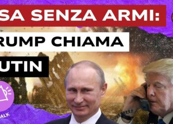 Vladimir Purtin sorridente e Donald Trump al telefono. Sfondo di guerra