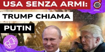 Vladimir Purtin sorridente e Donald Trump al telefono. Sfondo di guerra