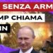 Vladimir Purtin sorridente e Donald Trump al telefono. Sfondo di guerra