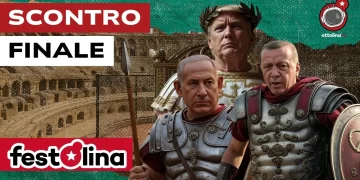 Arena antica. Donald Trump vestito da imperatore e Benjamin Netanhyau e Recep Tayyip Erdoğan vestiti da centurioni in primo piano