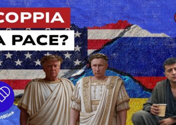 Bandiere russa e statunitense dipinte su un muro sgretolato. Donald Trump e Vladimir Putin vestiti da imperatori e Volodymyr Zelensky vestito da mendicante in primo piano