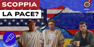 Bandiere russa e statunitense dipinte su un muro sgretolato. Donald Trump e Vladimir Putin vestiti da imperatori e Volodymyr Zelensky vestito da mendicante in primo piano