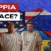 Bandiere russa e statunitense dipinte su un muro sgretolato. Donald Trump e Vladimir Putin vestiti da imperatori e Volodymyr Zelensky vestito da mendicante in primo piano