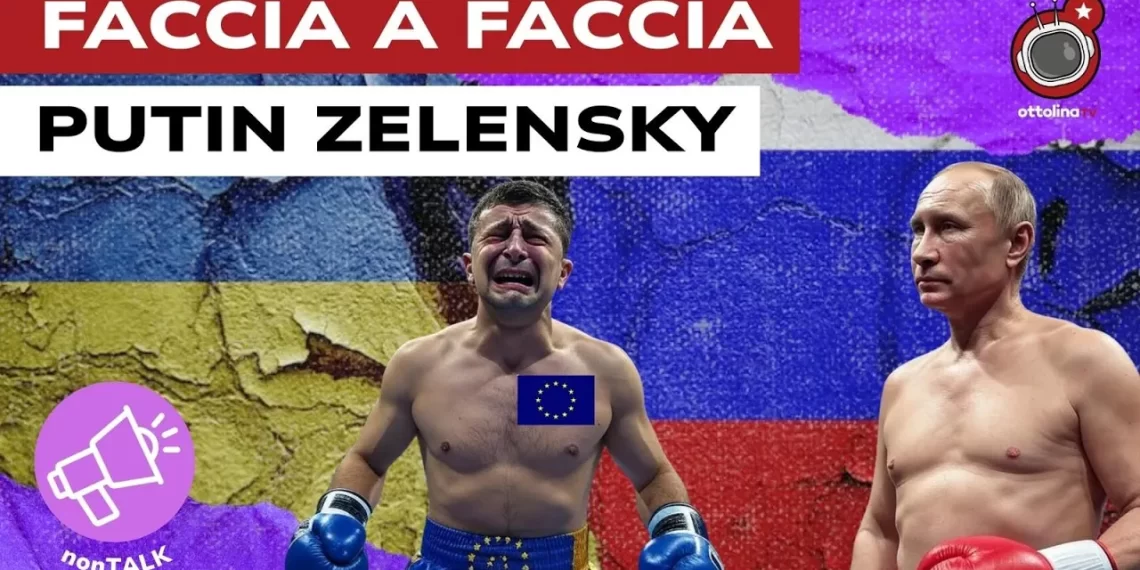 Bandiere russa e ucraina dipinte su un muro sgretolato. Volodymyr Zelensky in lacrime e Vladimir Putin, entrambi vestiti da pugili, in primo piano