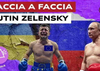 Bandiere russa e ucraina dipinte su un muro sgretolato. Volodymyr Zelensky in lacrime e Vladimir Putin, entrambi vestiti da pugili, in primo piano