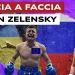 Bandiere russa e ucraina dipinte su un muro sgretolato. Volodymyr Zelensky in lacrime e Vladimir Putin, entrambi vestiti da pugili, in primo piano