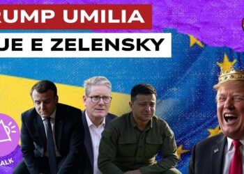 Bandiere ucraina e europea. Emmanuel Macron, Friedrich Merz e Volodymyr Zelensky affrati e Donald Trump con la corona e ridente in primo piano