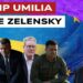 Bandiere ucraina e europea. Emmanuel Macron, Friedrich Merz e Volodymyr Zelensky affrati e Donald Trump con la corona e ridente in primo piano
