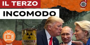 Bidone di rifiuti radioattivi. Donale Trump, Vladimir Putin e Ursula von der Leyen in primo piano