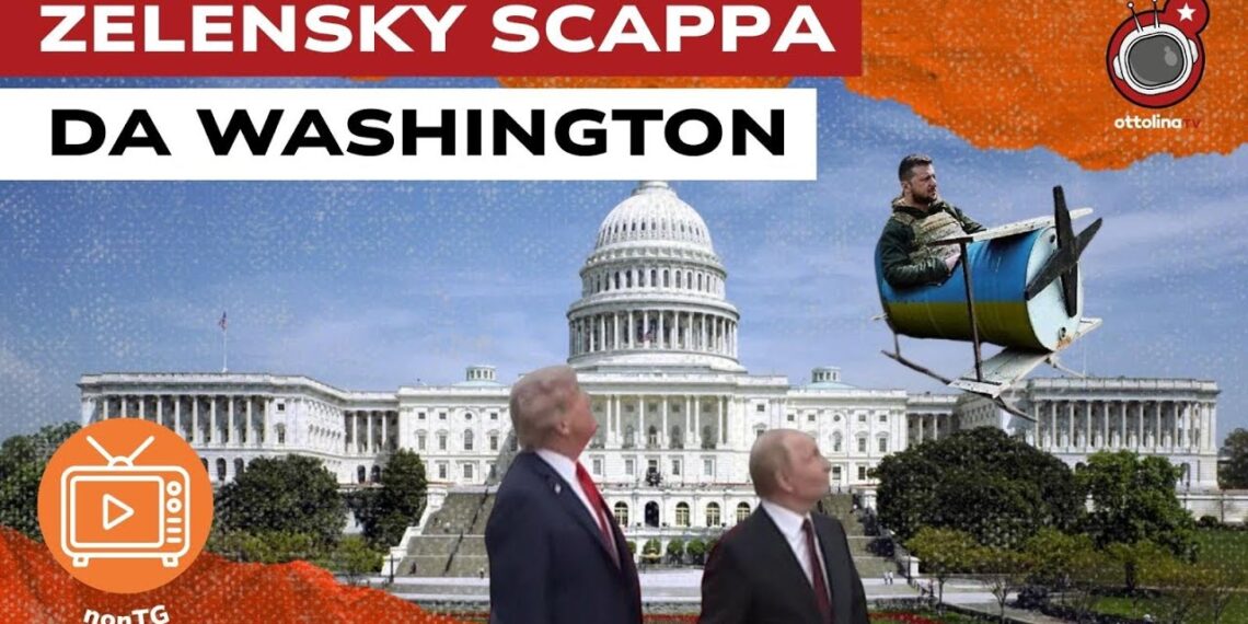 Campidoglio a Washington. Donald Trump e Vladimir Putin guardano Volodymyr Zelensky allontanarsi su un aereo giocattolo