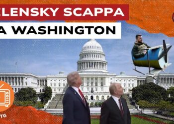 Campidoglio a Washington. Donald Trump e Vladimir Putin guardano Volodymyr Zelensky allontanarsi su un aereo giocattolo